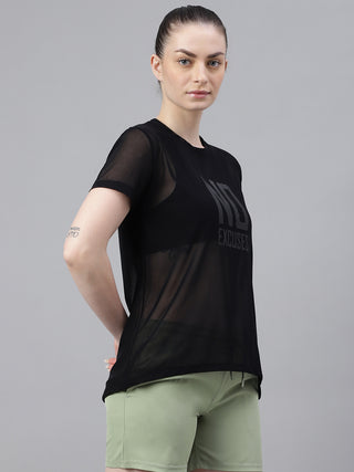 MKH Black Relaxed Fit Mesh T-Shirt Women Stylish Gym Wear