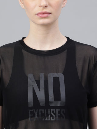MKH Black Relaxed Fit Mesh T-Shirt Women Stylish Gym Wear