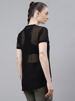 MKH Black Relaxed Fit Mesh Women Breathable Fitness T-Shirt