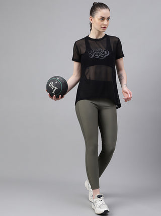MKH Black Relaxed Fit Mesh Women Breathable Fitness T-Shirt