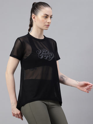 MKH Black Relaxed Fit Mesh Women Breathable Fitness T-Shirt