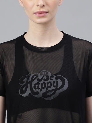 MKH Black Relaxed Fit Mesh Women Breathable Fitness T-Shirt