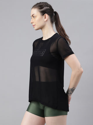 MKH Black Relaxed Fit Mesh T-Shirt Women Athleisure Style