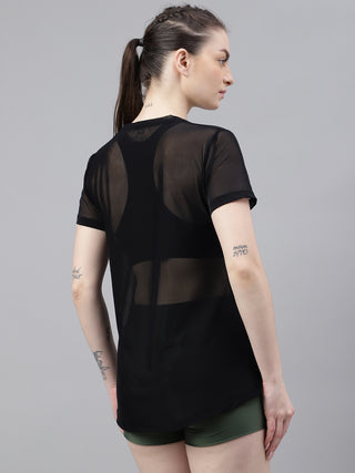 MKH Black Relaxed Fit Mesh T-Shirt Women Athleisure Style