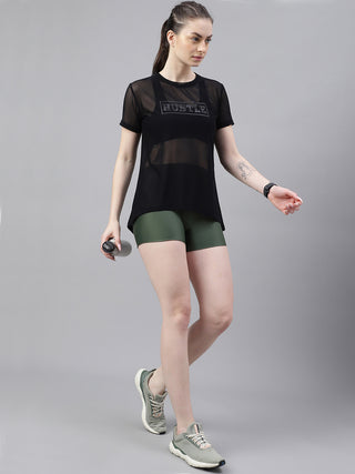 MKH Black Relaxed Fit Mesh T-Shirt Women Athleisure Style