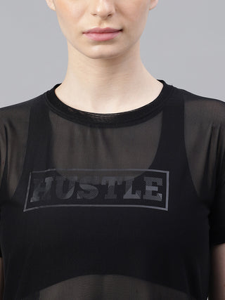 MKH Black Relaxed Fit Mesh T-Shirt Women Athleisure Style
