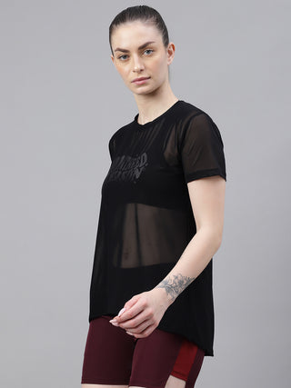 MKH Black Relaxed Fit Mesh T-Shirt Women Sporty Casual Activewear