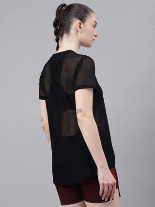 MKH Black Relaxed Fit Mesh T-Shirt Women Sporty Casual Activewear