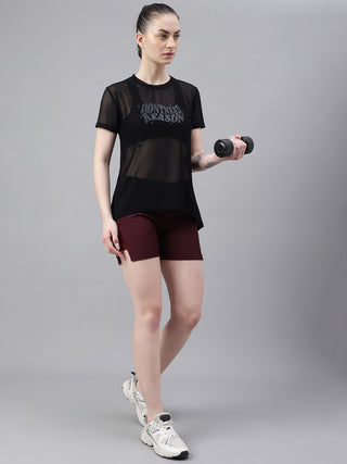 MKH Black Relaxed Fit Mesh T-Shirt Women Sporty Casual Activewear
