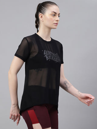 MKH Black Relaxed Fit Mesh T-Shirt Women Sporty Casual Activewear