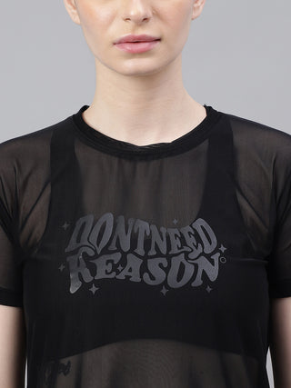 MKH Black Relaxed Fit Mesh T-Shirt Women Sporty Casual Activewear