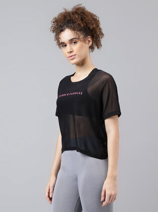 CARBS & CUDDLES WOMEN BLACK MESH RELAXED FIT T-SHIRT