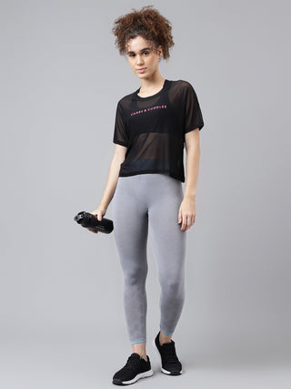 CARBS & CUDDLES WOMEN BLACK MESH RELAXED FIT T-SHIRT