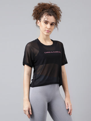 CARBS & CUDDLES WOMEN BLACK MESH RELAXED FIT T-SHIRT