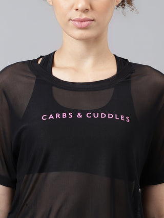 CARBS & CUDDLES WOMEN BLACK MESH RELAXED FIT T-SHIRT