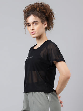 BEGIN AGAIN WOMEN BLACK MESH RELAXED FIT T-SHIRT