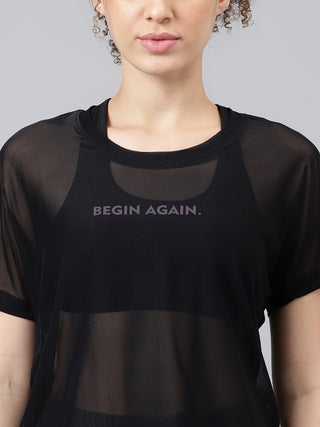 BEGIN AGAIN WOMEN BLACK MESH RELAXED FIT T-SHIRT