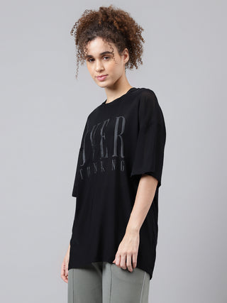 OVERTHINKING WOMEN BLACK MESH RELAXED FIT T-SHIRT