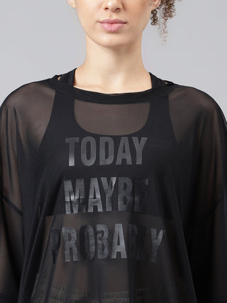 TODAY WOMEN BLACK MESH RELAXED FIT T-SHIRT