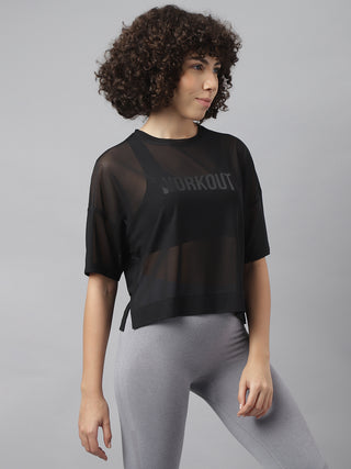 WORKOUT WOMEN BLACK MESH RELAXED FIT T-SHIRT