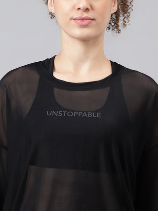 UNSTOPPABLE WOMEN BLACK MESH RELAXED FIT T-SHIRT