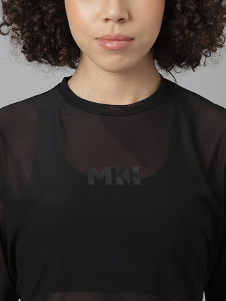 MKH WOMEN BLACK MESH RELAXED FIT T-SHIRT