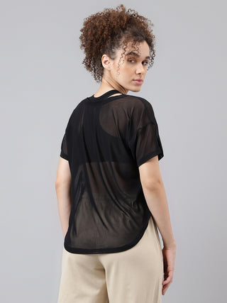 MKH Black See-Through Mesh Women Sporty Gym T-Shirt