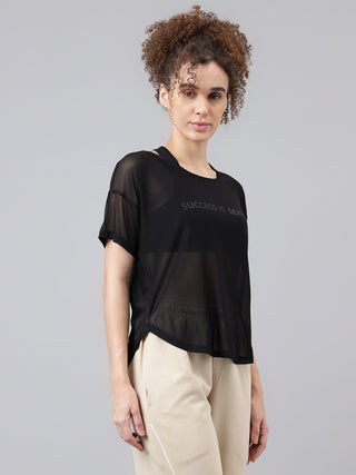 MKH Black See-Through Mesh Women Sporty Gym T-Shirt