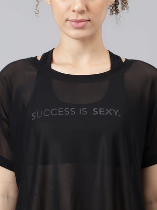 MKH Black See-Through Mesh Women Sporty Gym T-Shirt
