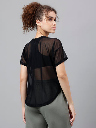 MKH Black Mesh Women Athleisure Gymwear T-Shirt