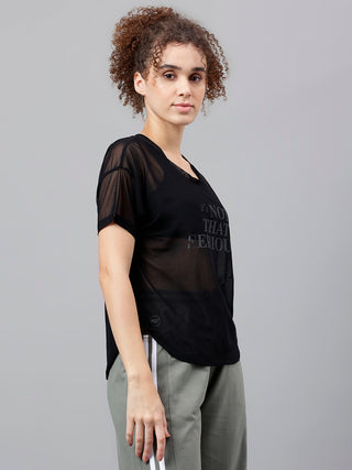 MKH Black Mesh Women Athleisure Gymwear T-Shirt