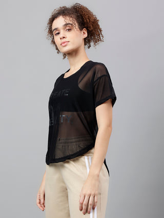 MKH Black Mesh Women Yoga Training T-Shirt