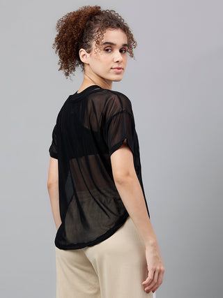 MKH Black Mesh Women Yoga Training T-Shirt
