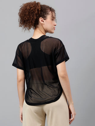 MKH Black Mesh Women Sports Activewear T-Shirt