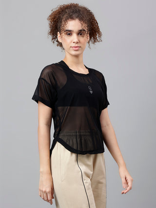 MKH Black Mesh Women Sports Activewear T-Shirt