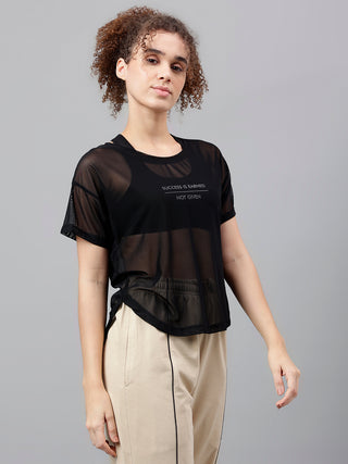 MKH Black Mesh Women Bold Athleisure T-Shirt