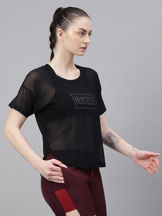 MKH Black Mesh Women Performance Fitness T-Shirt