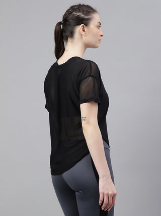 MKH Black Mesh Women Active Sportswear T-Shirt