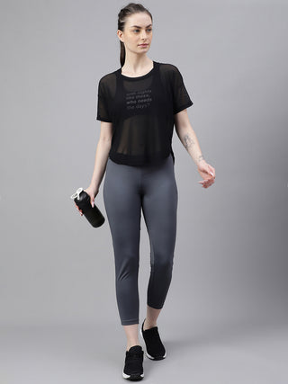 MKH Black Mesh Women Active Sportswear T-Shirt