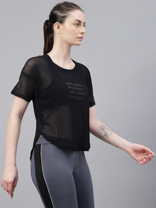 MKH Black Mesh Women Active Sportswear T-Shirt