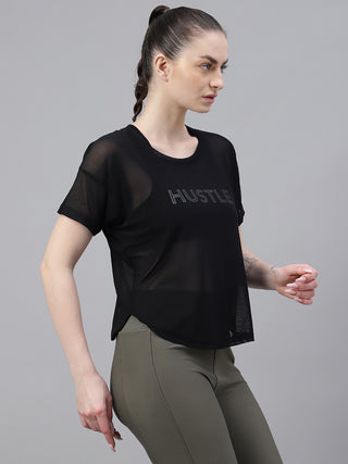 MKH Black Mesh Women Fitness Training Wear T-Shirt