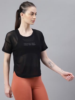 MKH Black Breathable Mesh Women Workout Essential T-Shirt