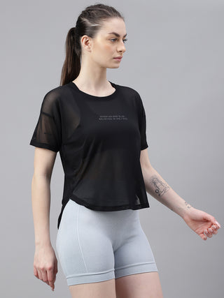 BELIEVE WOMEN BLACK MESH RELAXED FIT T-SHIRT