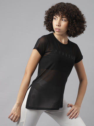 HUSTLE WOMEN BLACK MESH RELAXED FIT T-SHIRT