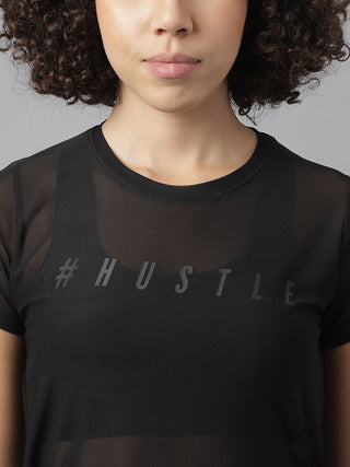 HUSTLE WOMEN BLACK MESH RELAXED FIT T-SHIRT