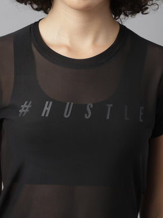 HUSTLE WOMEN BLACK MESH RELAXED FIT T-SHIRT