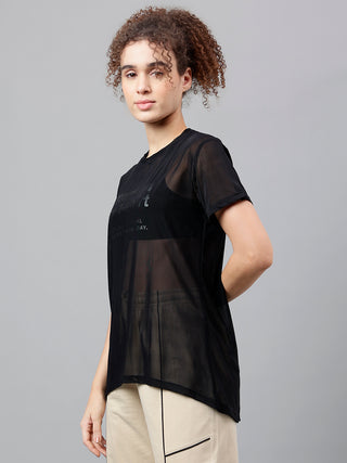 MKH Black Relaxed Fit Mesh T-Shirt Women Workout Ready Activewear