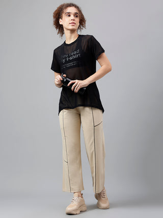 MKH Black Relaxed Fit Mesh T-Shirt Women Workout Ready Activewear