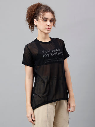 MKH Black Relaxed Fit Mesh T-Shirt Women Workout Ready Activewear