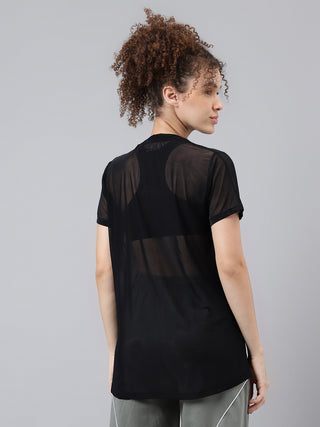 MKH Black Relaxed Fit Mesh Women Mesh Gym Training T-Shirt